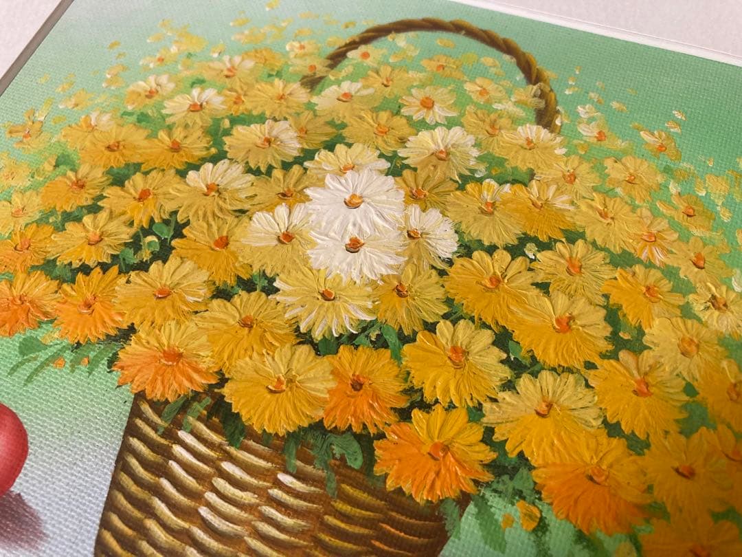 平井舞　M.Hrai 絵画　油絵　花　専用額縁付き　花かご黄色S