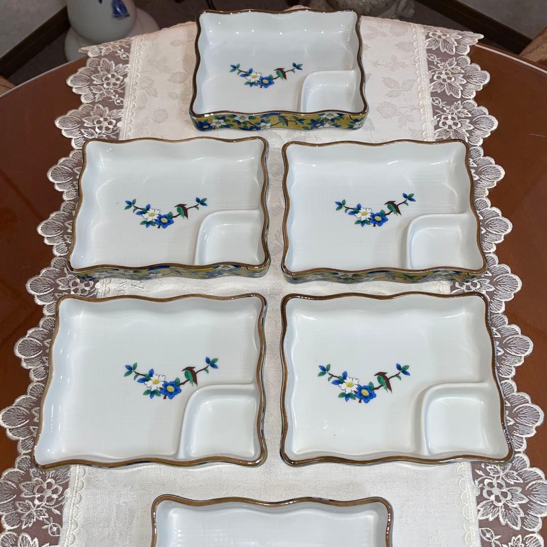 有田焼　秀峰　黄色　花鳥　角皿　仕切り刺身皿　6枚セット　未使用