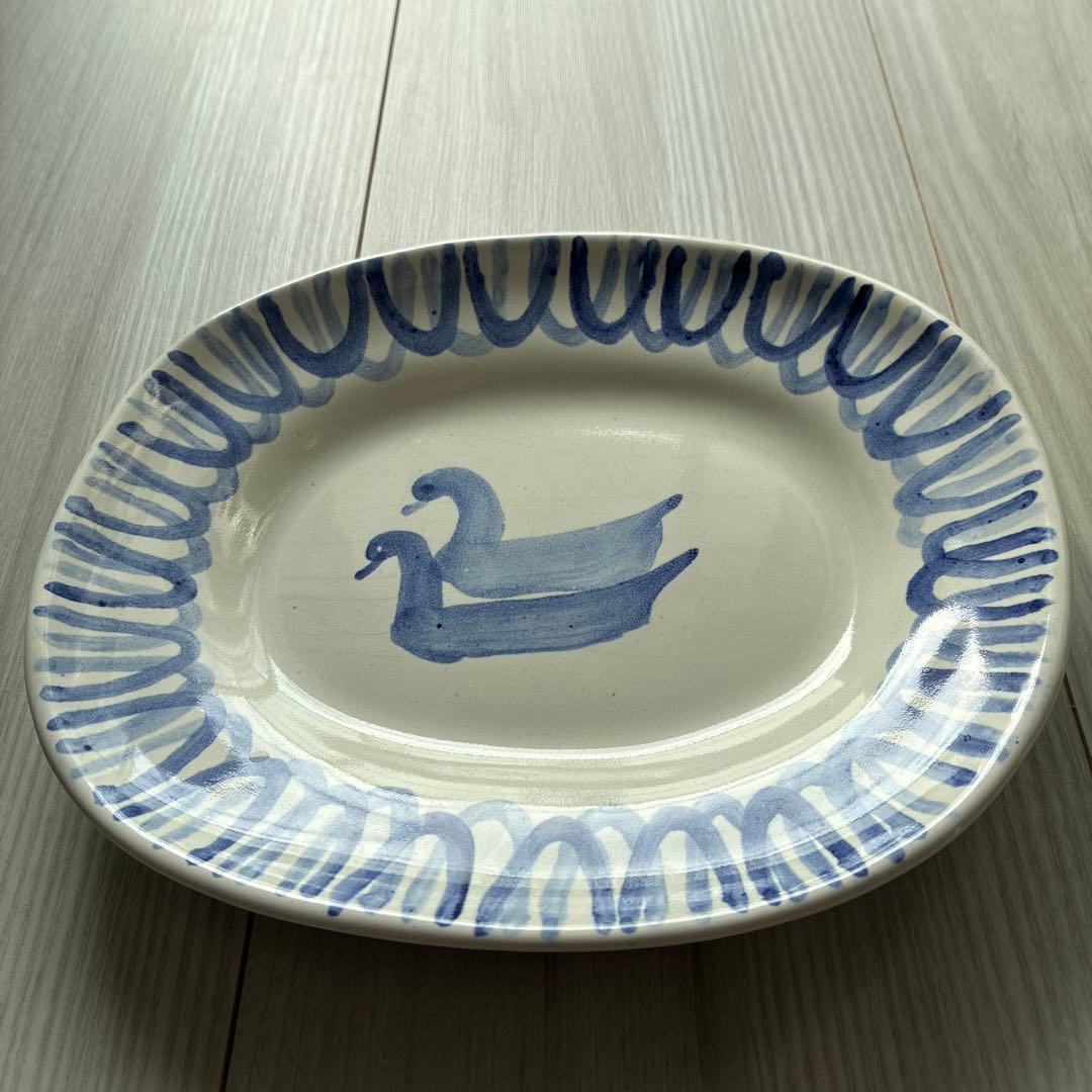 英国ヴィンテージ　RyePottery窯 Wally Cole作　ブルー鳥OV皿
