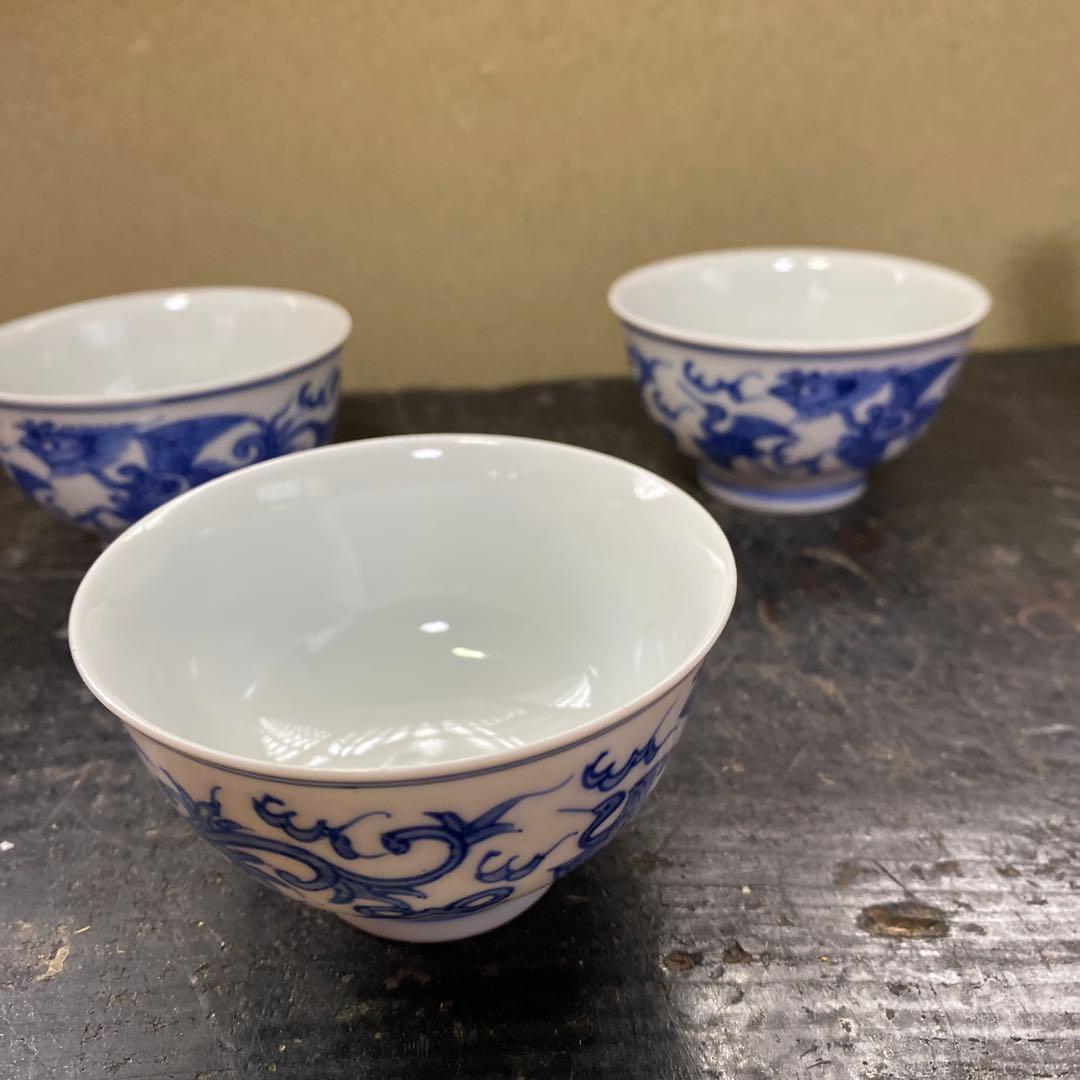 青い花模様の陶器製茶碗6個セット「作名有」