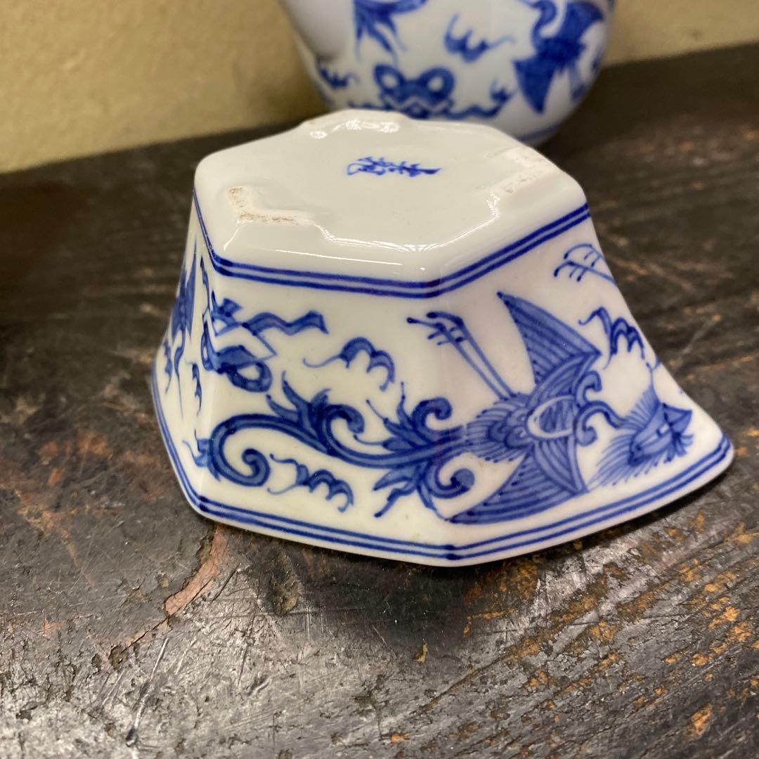 青い花模様の陶器製茶碗6個セット「作名有」
