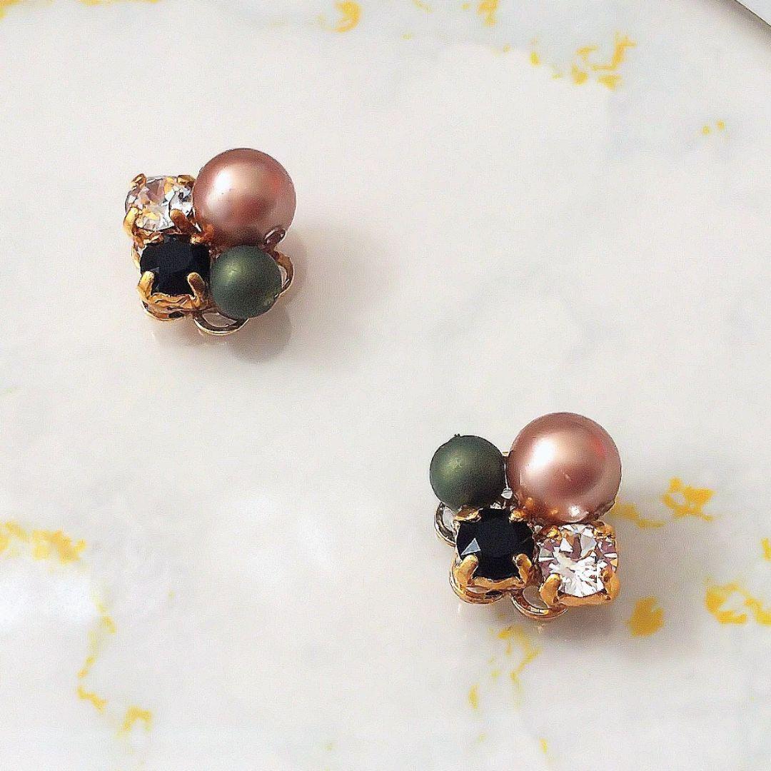 パール ビジュー ベージュ× カーキ ピアス イヤリング