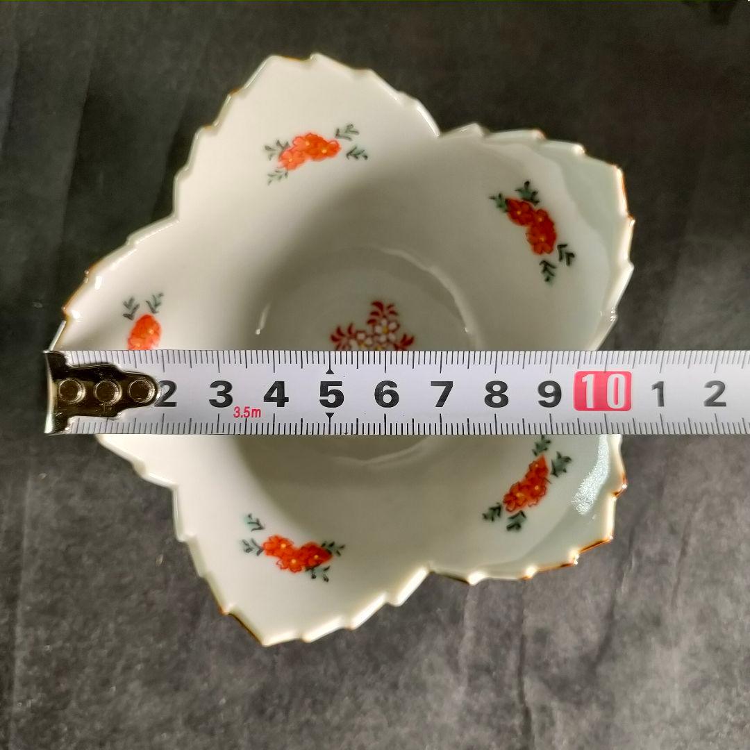 C4-2/九谷焼/色絵花草文花形酢物小鉢5客/共箱/懐石道具/懐石料理