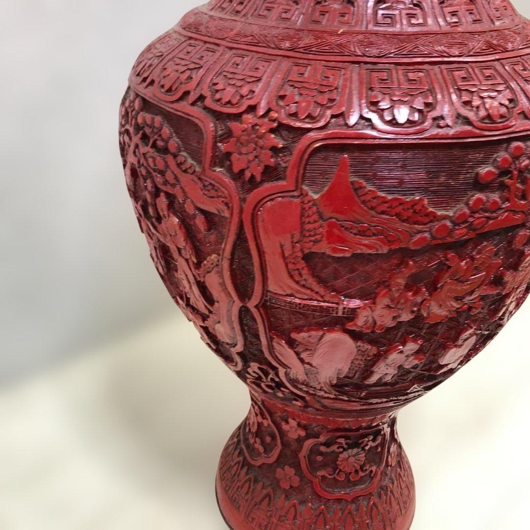 中国風 大型壺 朱色 レリーフ彫刻 花鳥図 花瓶 高約48cm 260216-2