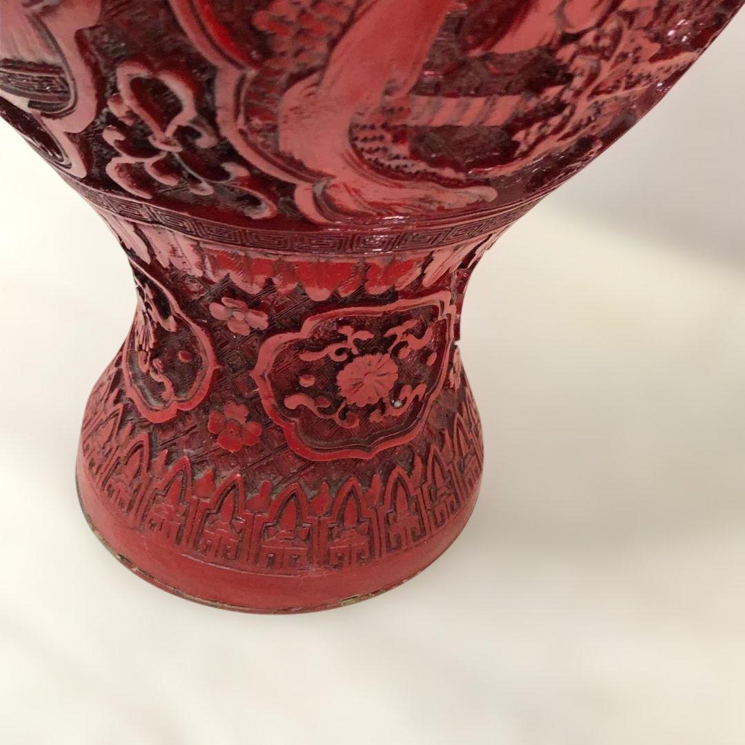 中国風 大型壺 朱色 レリーフ彫刻 花鳥図 花瓶 高約48cm 260216-2