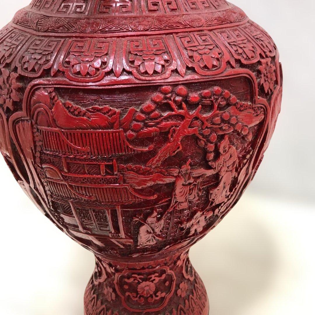 中国風 大型壺 朱色 レリーフ彫刻 花鳥図 花瓶 高約48cm 260216-2