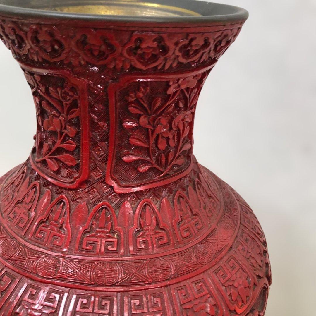 中国風 大型壺 朱色 レリーフ彫刻 花鳥図 花瓶 高約48cm 260216-2
