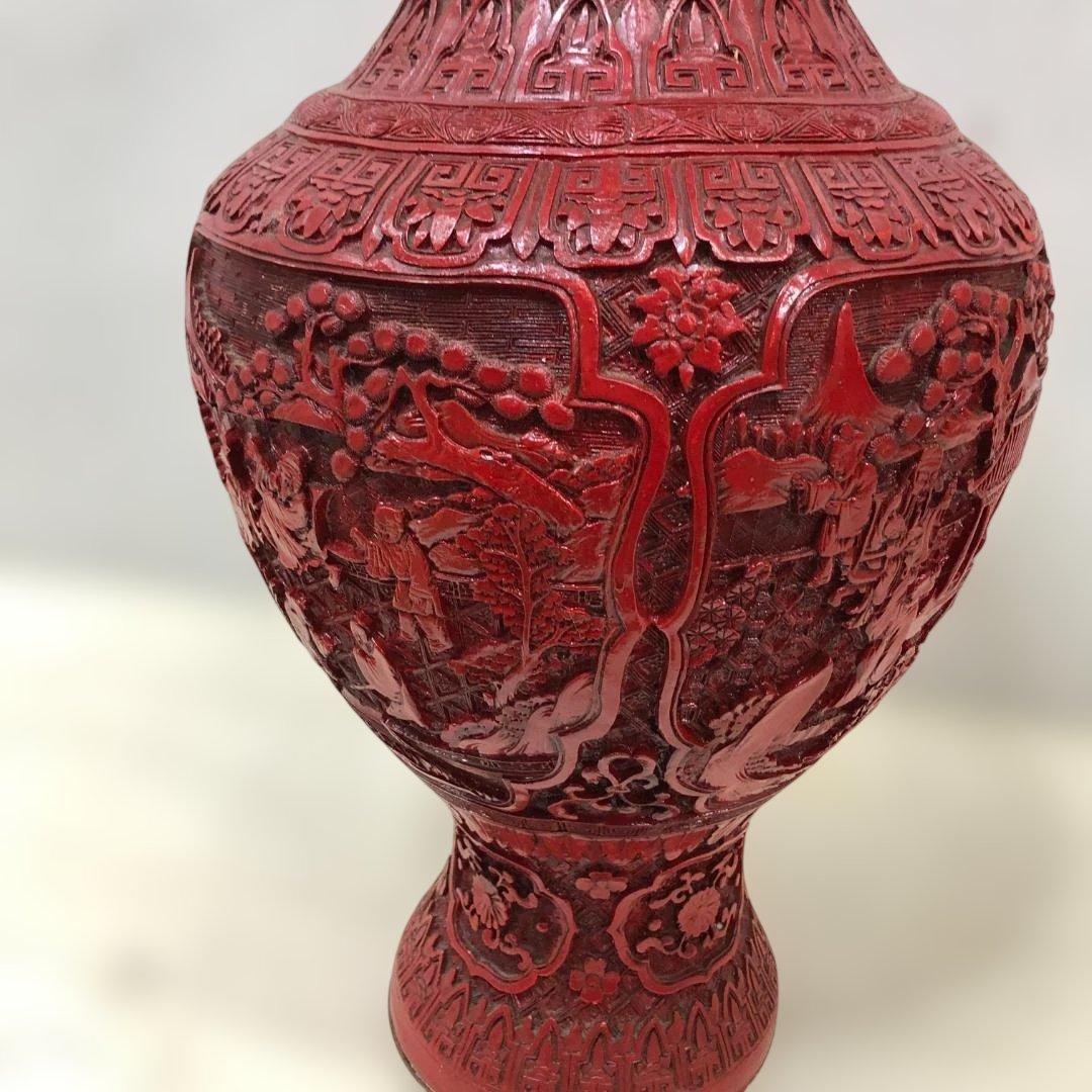 中国風 大型壺 朱色 レリーフ彫刻 花鳥図 花瓶 高約48cm 260216-2