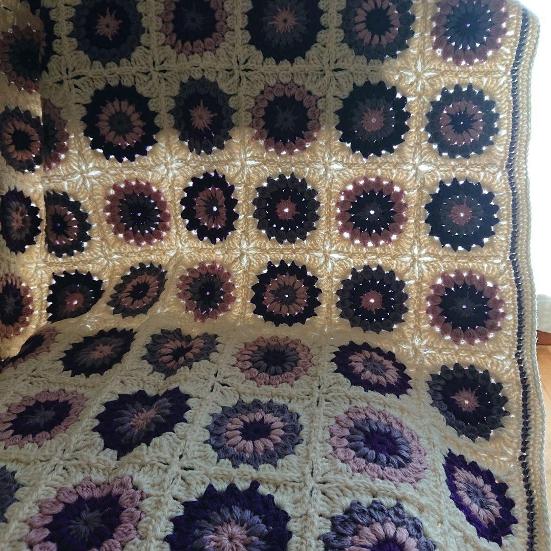 ピンクパープルモチーフ☆ 手編みのブランケット