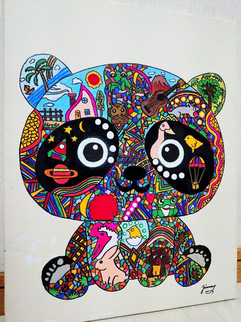 【F6号】ジミー大西【パンダ】手描き/表裏サイン有り/油彩/アクリル/絵画/額縁