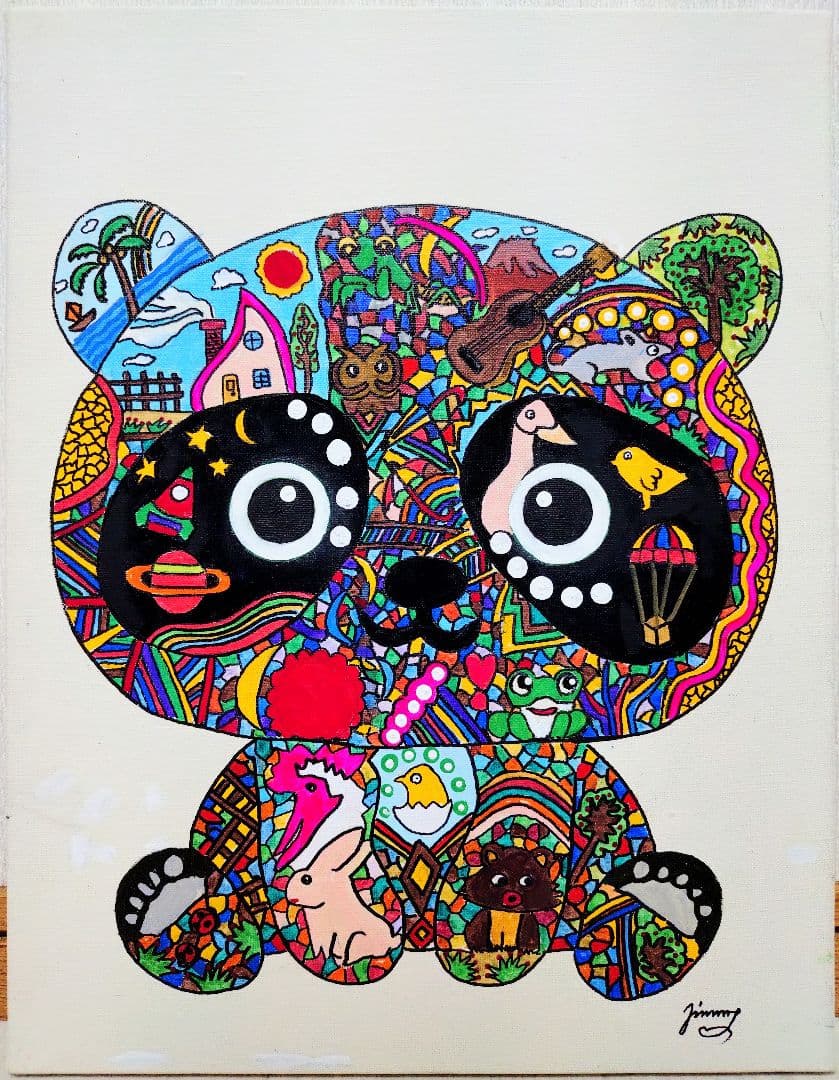 【F6号】ジミー大西【パンダ】手描き/表裏サイン有り/油彩/アクリル/絵画/額縁