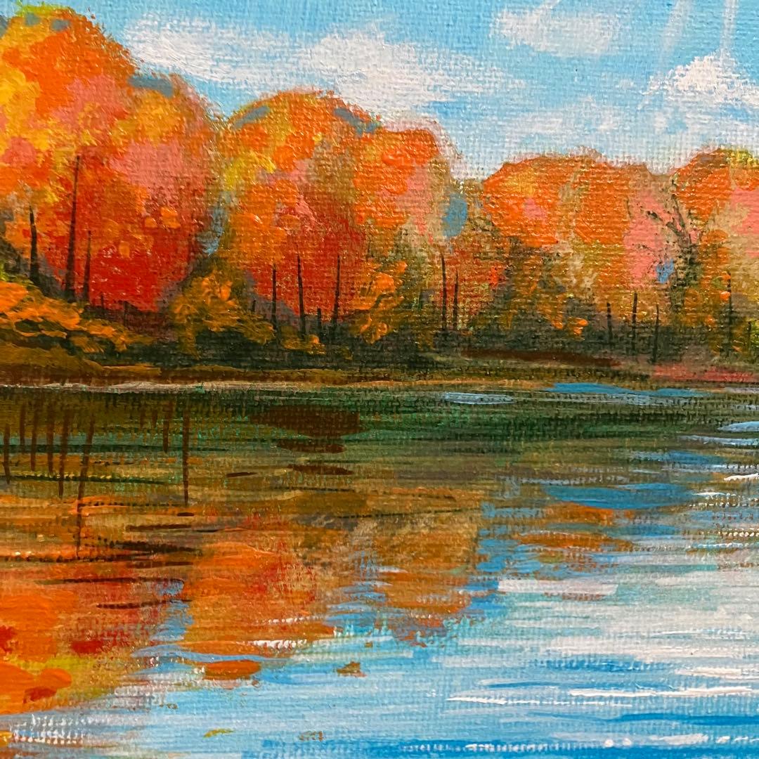 湖に映る秋＊絵画　原画　風景画　紅葉　落ち葉　　　プレゼント　インテリア