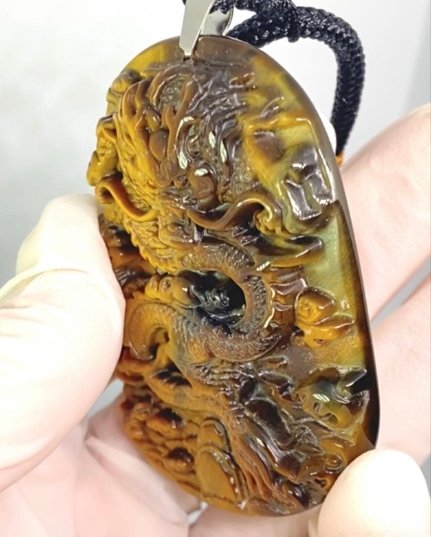 ブルーゴールドタイガーアイ 高浮彫り龍ペンダント ネックレス 高品質 天然石 龍