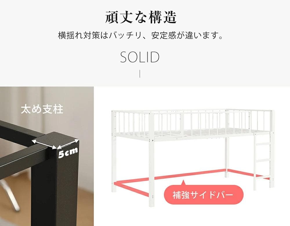 スチール製ロフトベッド【S・シングル】ロータイプ 左右入れ替え WHITE