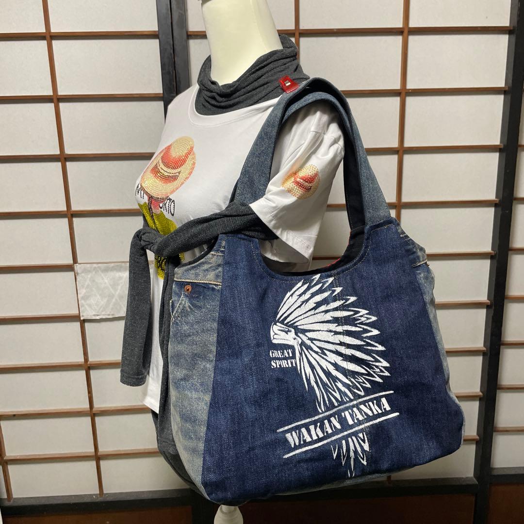 No.503 デニムリメイクバッグ　バルーントートバッグ　インディアン　Ｌサイズ