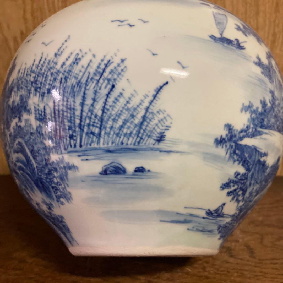 中国　染付　瓶　天球瓶　山水図　大清乾隆年製銘