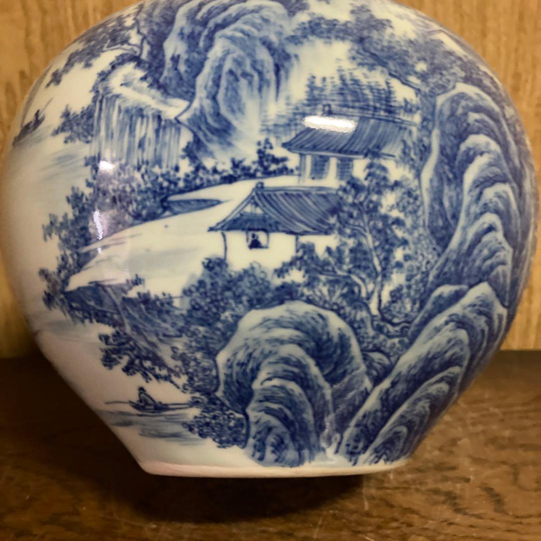 中国　染付　瓶　天球瓶　山水図　大清乾隆年製銘