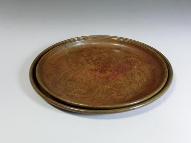 皿■龍紋古銅製の皿 2枚 竜の図 古い菓子器 中国古玩 古美術 時代物 骨董品■