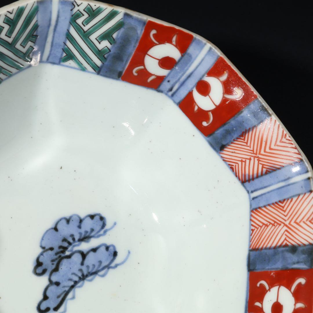 伊万里色絵人物図八角鉢　骨董　古伊万里　R1736ダA