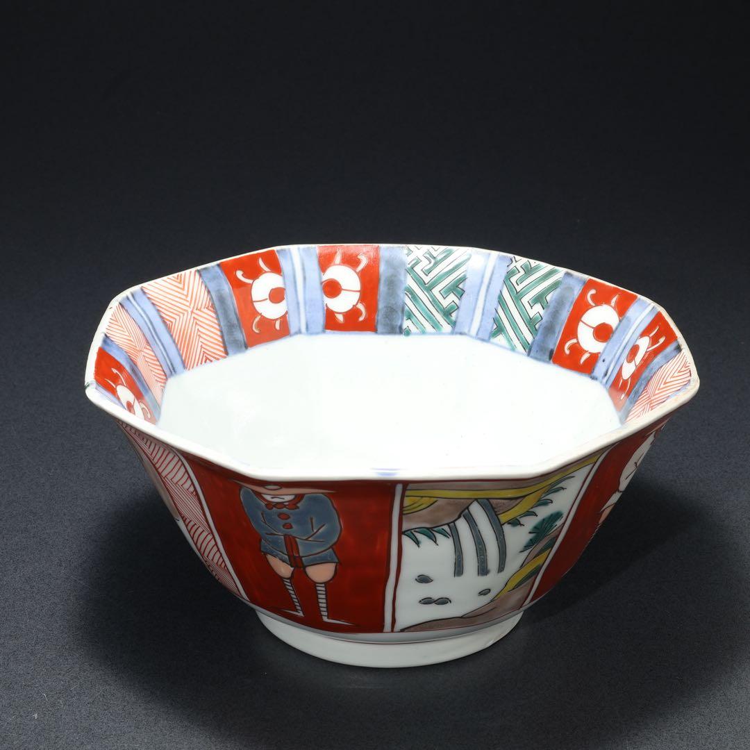 伊万里色絵人物図八角鉢　骨董　古伊万里　R1736ダA