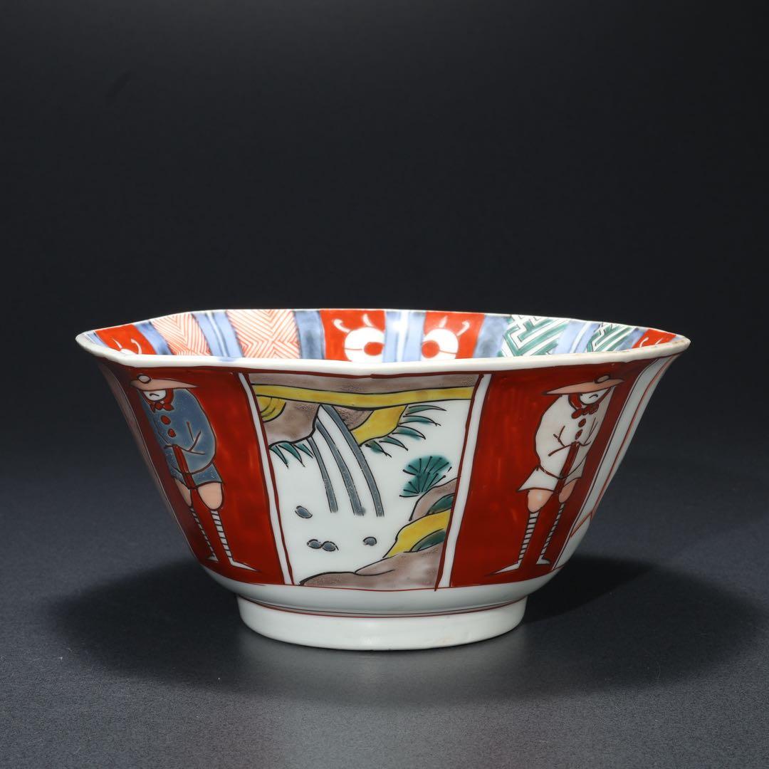 伊万里色絵人物図八角鉢　骨董　古伊万里　R1736ダA