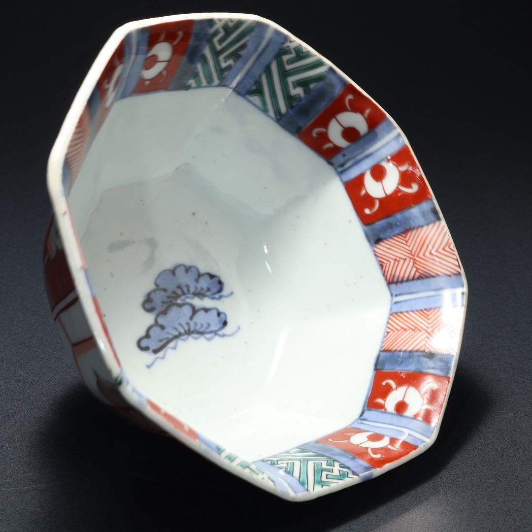 伊万里色絵人物図八角鉢　骨董　古伊万里　R1736ダA