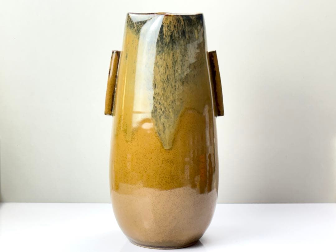 高取焼【原 史朗】造 管耳付 菱口花入 共箱 栞 箱書付 R821116