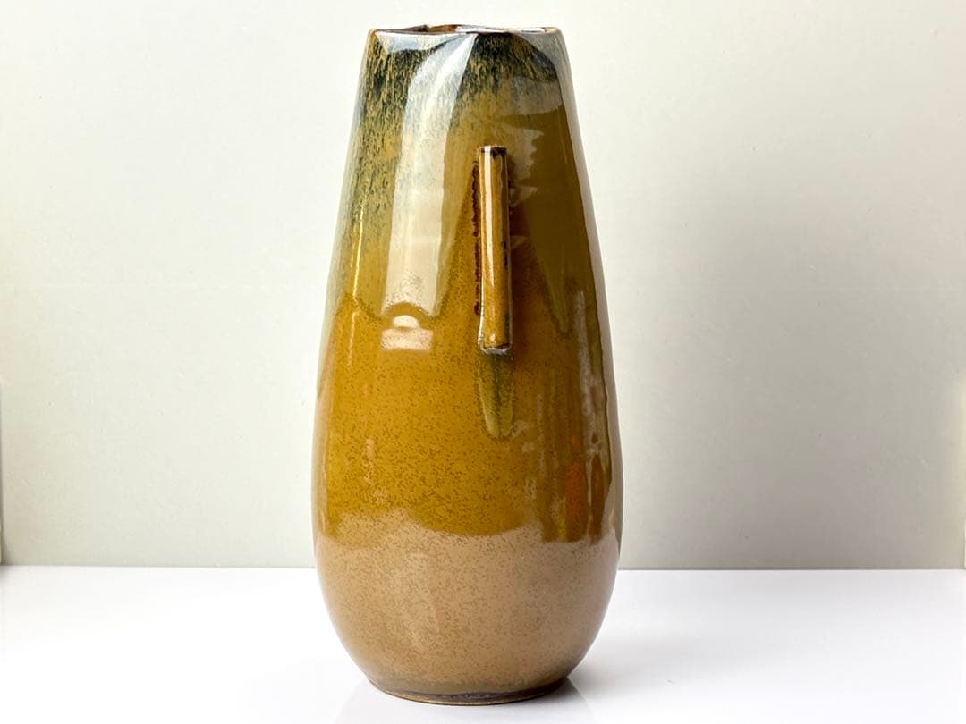 高取焼【原 史朗】造 管耳付 菱口花入 共箱 栞 箱書付 R821116