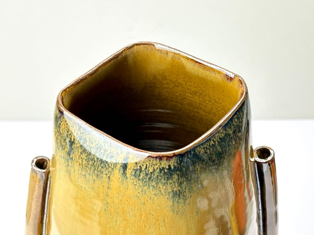 高取焼【原 史朗】造 管耳付 菱口花入 共箱 栞 箱書付 R821116