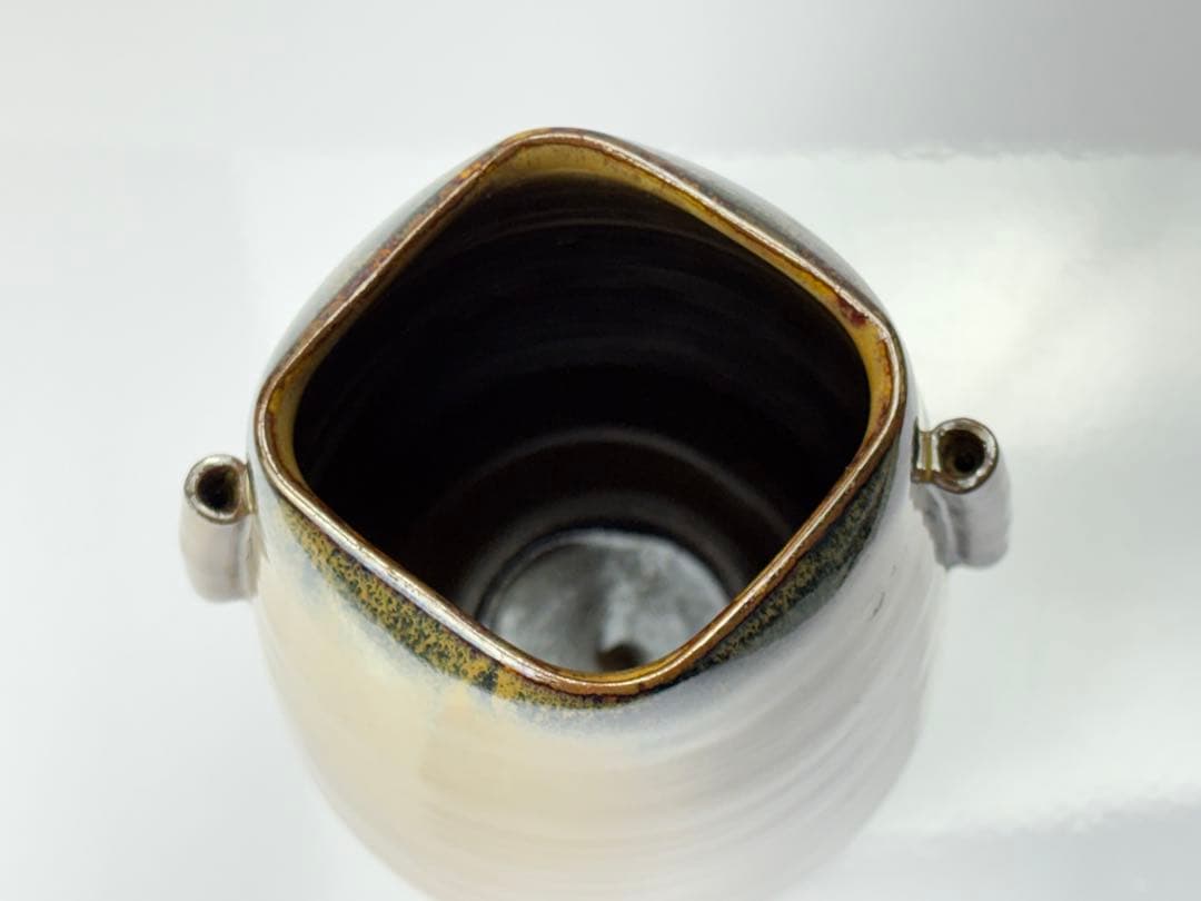 高取焼【原 史朗】造 管耳付 菱口花入 共箱 栞 箱書付 R821116