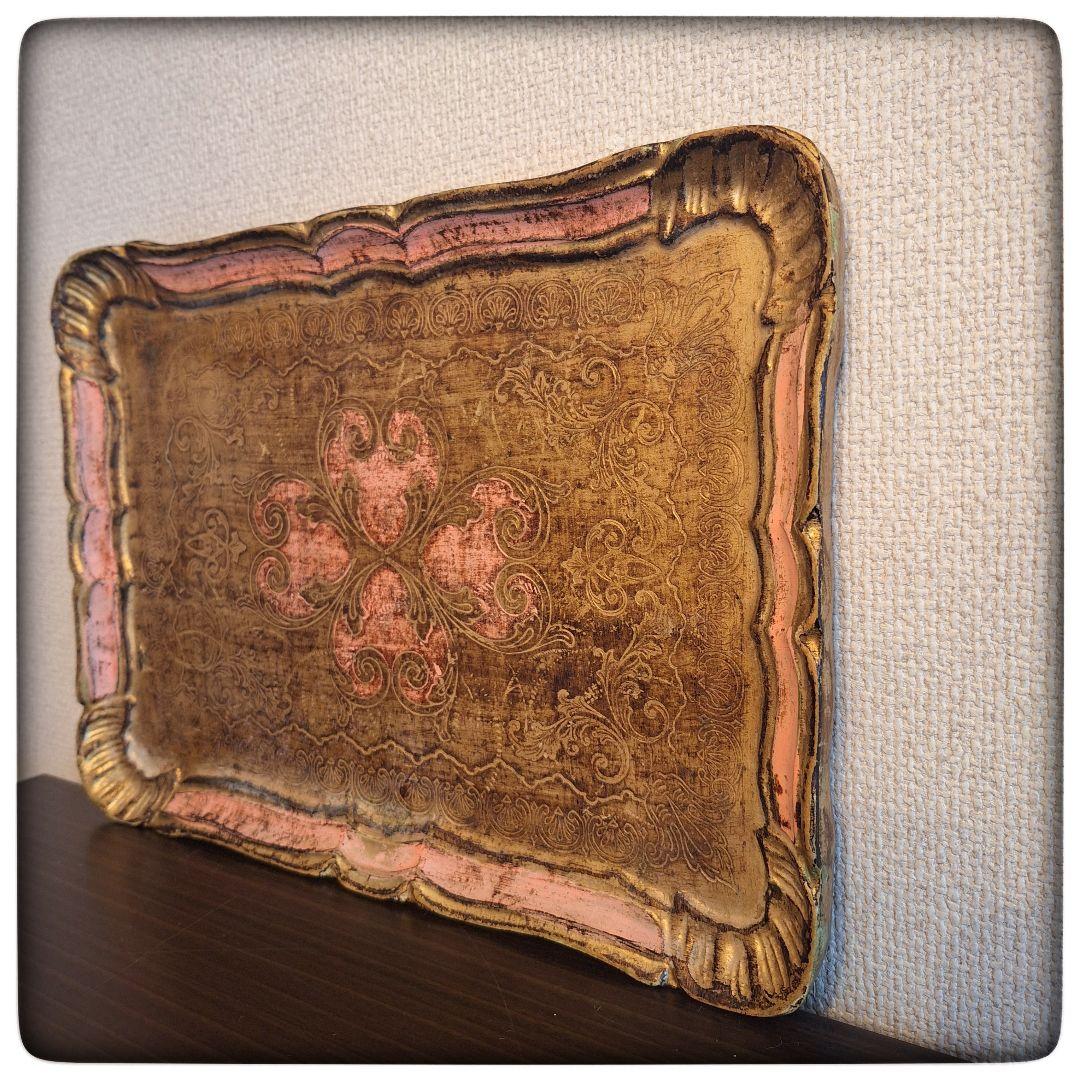 【金色 ピンク 豪華 花リム】イタリア製　フローレンタインのヴィンテージトレイ