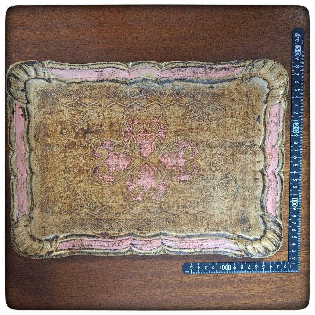 【金色 ピンク 豪華 花リム】イタリア製　フローレンタインのヴィンテージトレイ