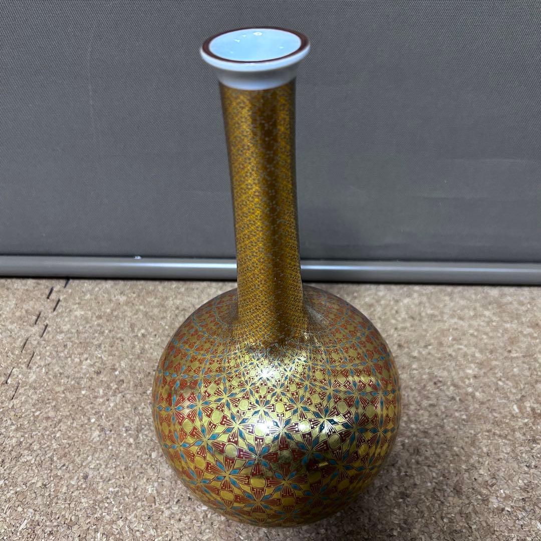 四代 上出喜山「金襴手更紗小紋文様 一輪生」 花器 花生 飾壷 九谷焼