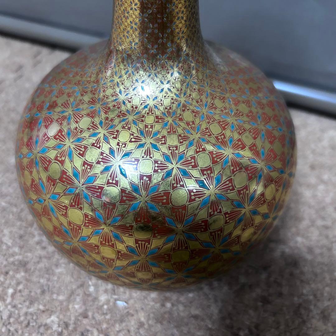 四代 上出喜山「金襴手更紗小紋文様 一輪生」 花器 花生 飾壷 九谷焼