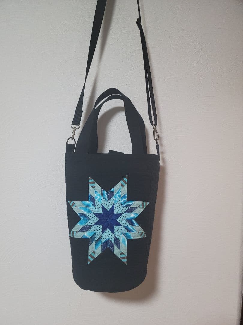 筒型２ウェイショルダーバック　スターのパッチワーク　パッチワークバック