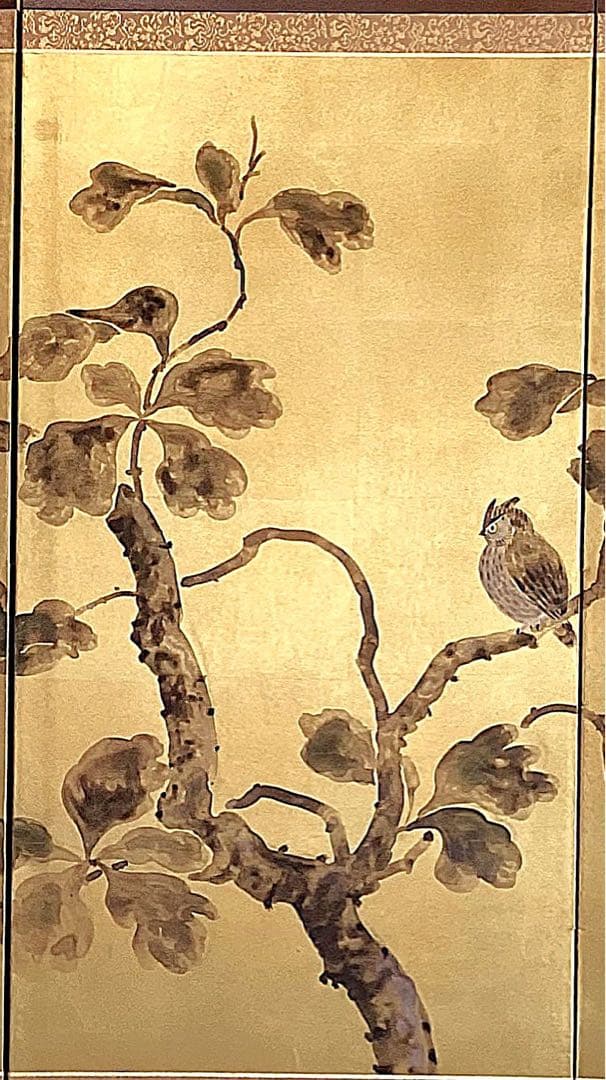 四つ折り屏風　日本画　金箔彩色　梟(ふくろう)