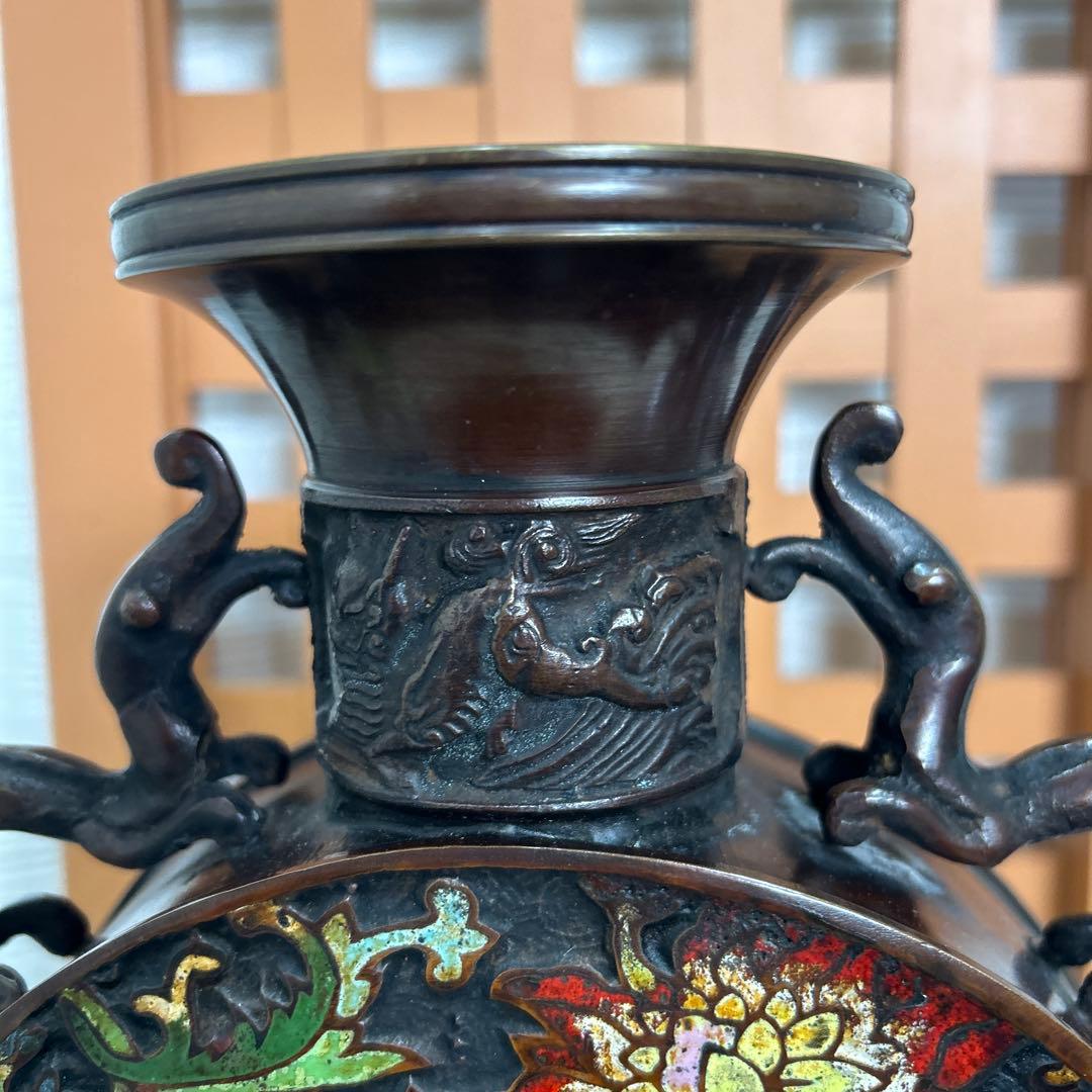 古銅七宝　花瓶　七宝焼　中国　金龍堂造　古美術　アンティーク