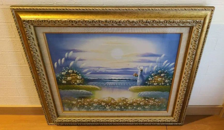『幸運の絵』　風景画　 油彩画 　ラッキー　女性 　花