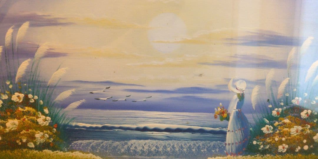 『幸運の絵』　風景画　 油彩画 　ラッキー　女性 　花