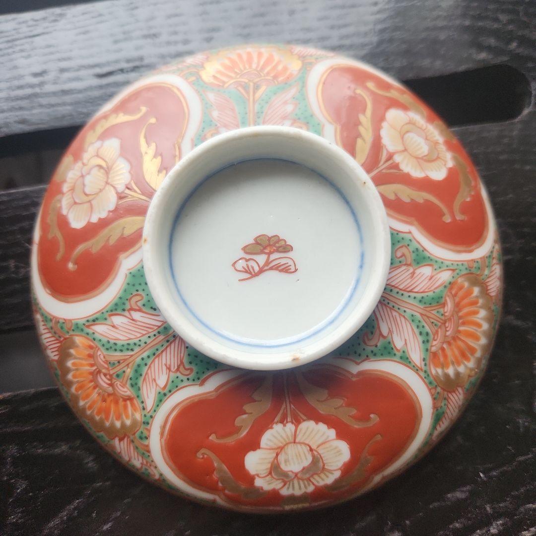 古伊万里　錦手　牡丹紋赤絵　蓋付き江戸時代