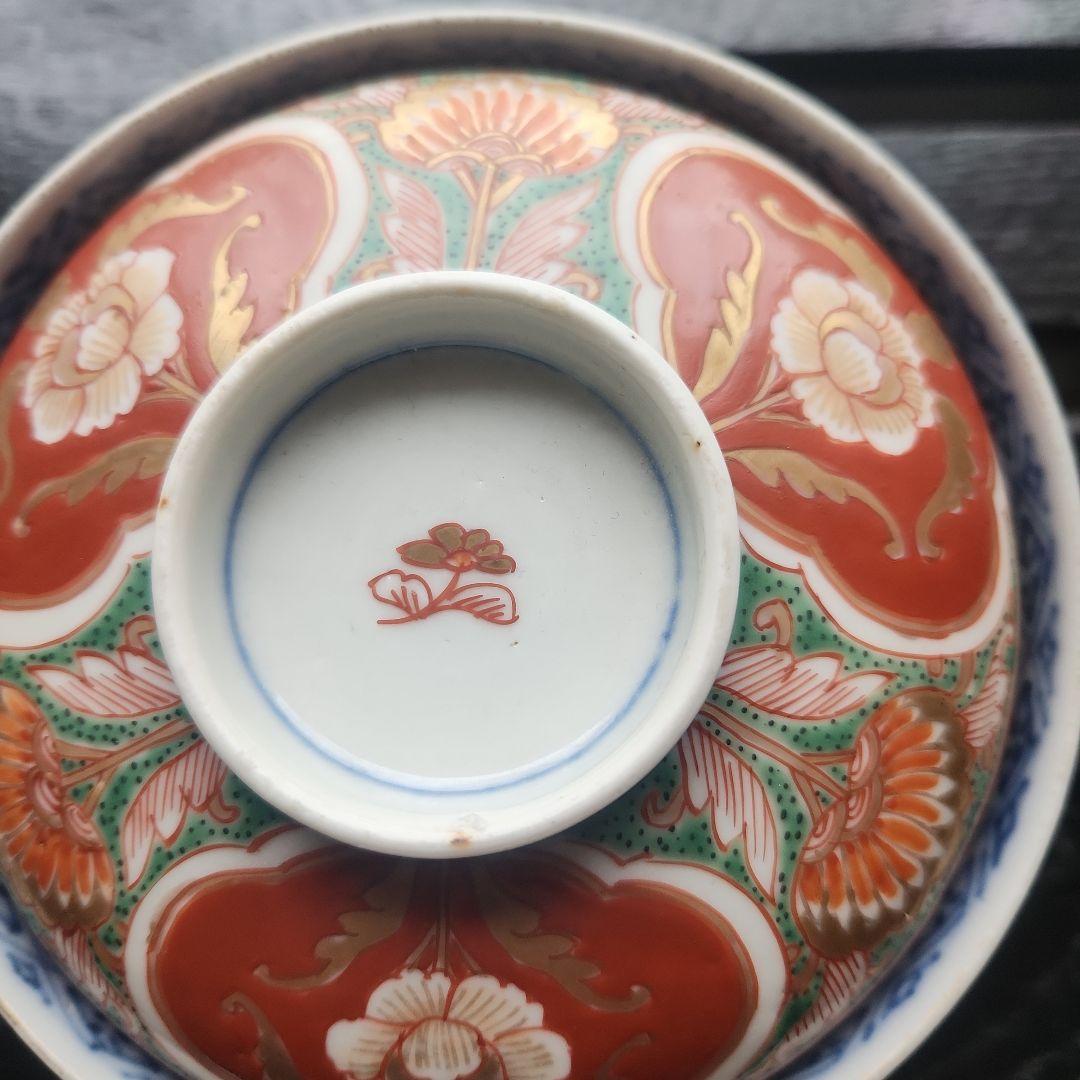 古伊万里　錦手　牡丹紋赤絵　蓋付き江戸時代