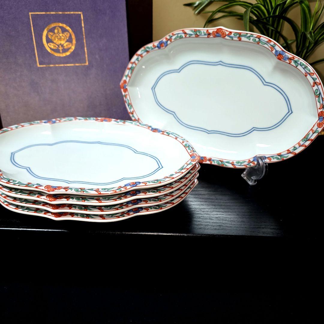 たち吉　橘吉　色絵からくさ　5枚　輪花皿　木瓜形楕円皿　和皿　パスタ　デザート