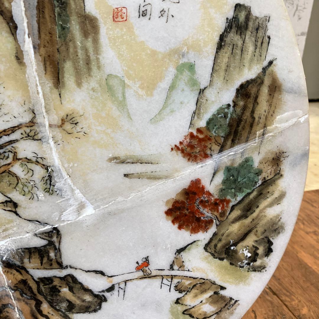 中国美術 古玩 大理石 彫刻 石彫刻 粉彩 飾り物 盤 置物 プレート 円形
