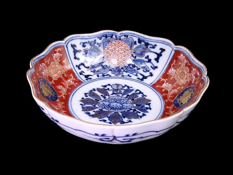 大聖寺伊万里 金襴手　牡丹に巻物　唐草の図　膾皿　４客　C135AS-DCq