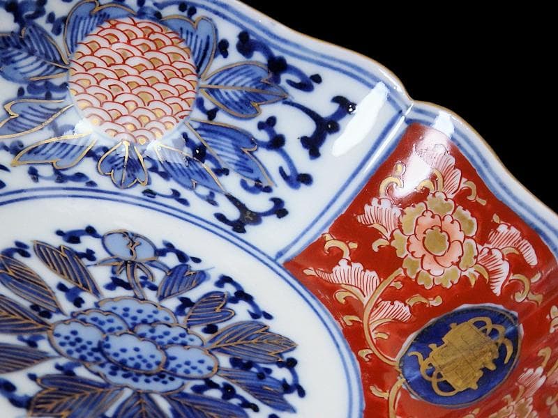 大聖寺伊万里 金襴手　牡丹に巻物　唐草の図　膾皿　４客　C135AS-DCq