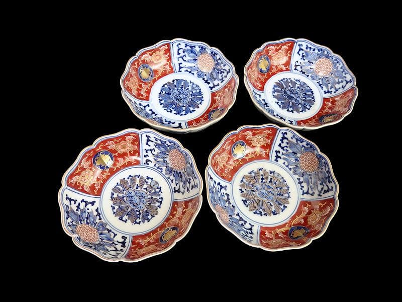 大聖寺伊万里 金襴手　牡丹に巻物　唐草の図　膾皿　４客　C135AS-DCq