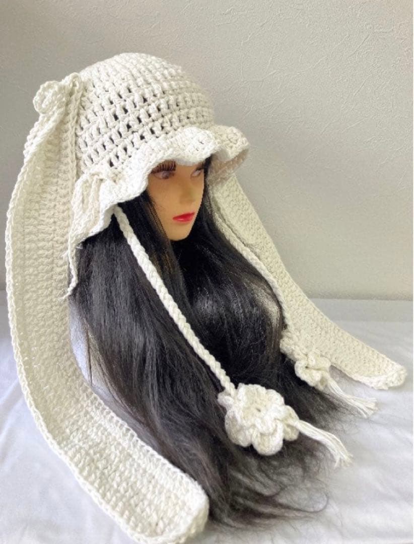 うさ耳ニット帽　ハンドメイド　猫耳帽子　春夏ニット帽　ネオ森ガール　☺︎