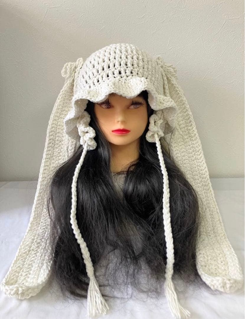 うさ耳ニット帽　ハンドメイド　猫耳帽子　春夏ニット帽　ネオ森ガール　☺︎