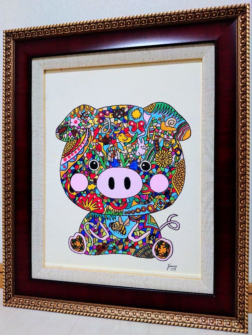 【F6号】ジミー大西【Pig】手描き作品/裏サイン有/油彩/アクリル/絵画/額縁