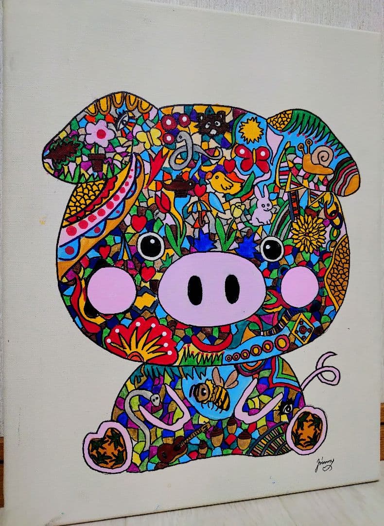 【F6号】ジミー大西【Pig】手描き作品/裏サイン有/油彩/アクリル/絵画/額縁